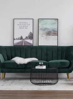 美式乡村布艺墨绿色沙发北欧现代简约轻奢拉扣单双三人沙发