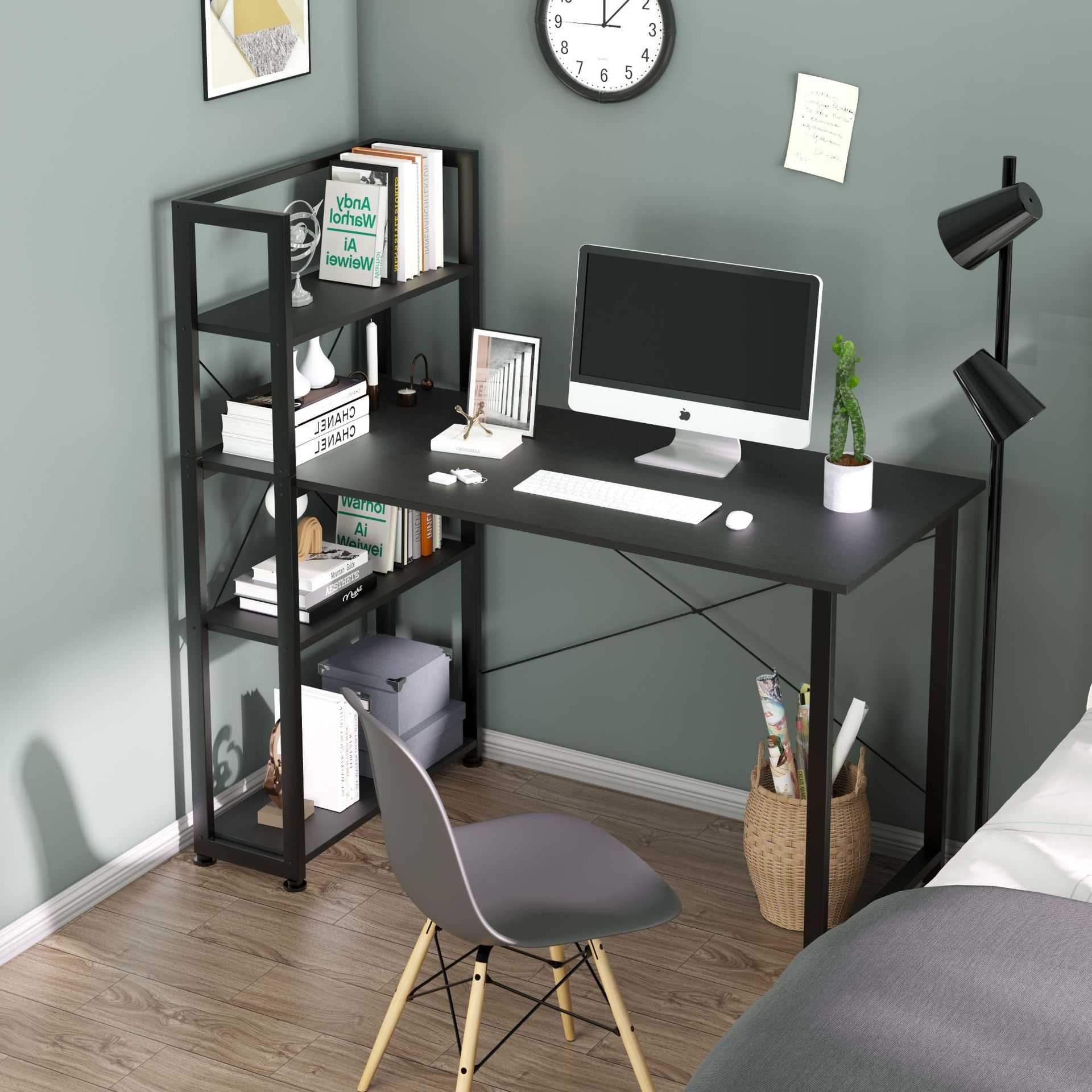 铁艺书桌书架一体组合家用办公写字桌靠墙台式电脑桌卧室简约书桌