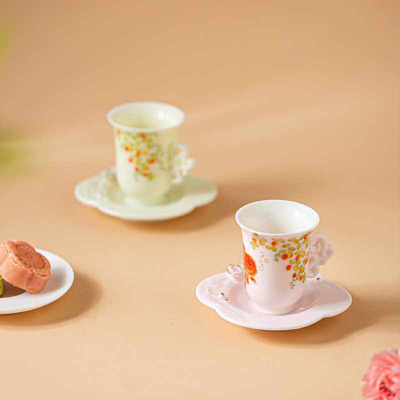 60ml国潮风主人杯带杯碟非遗手捏花陶瓷杯浓缩咖啡杯清酒杯氛围杯