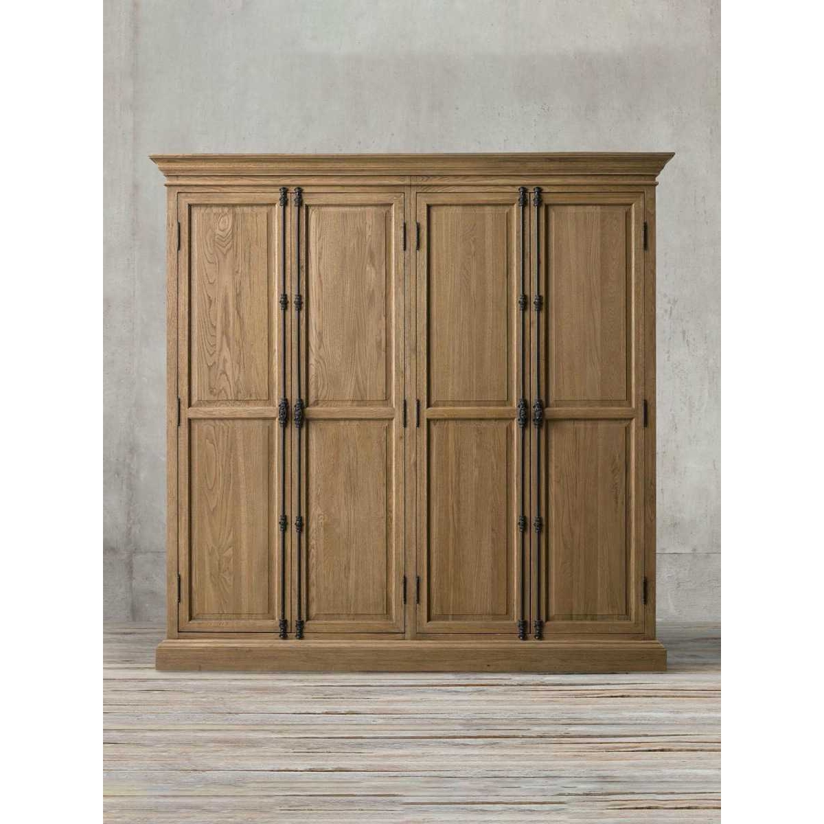 RH美式乡村做旧实木四门柜子法式复古橡木挂式收纳天地锁卧室衣柜