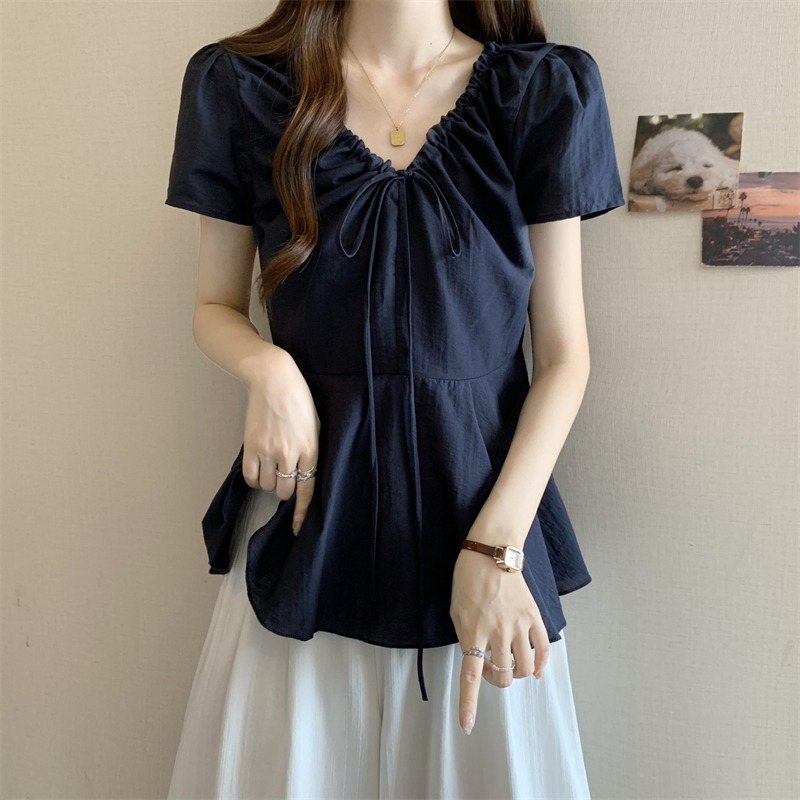 藏青色V领正肩短袖衬衫女