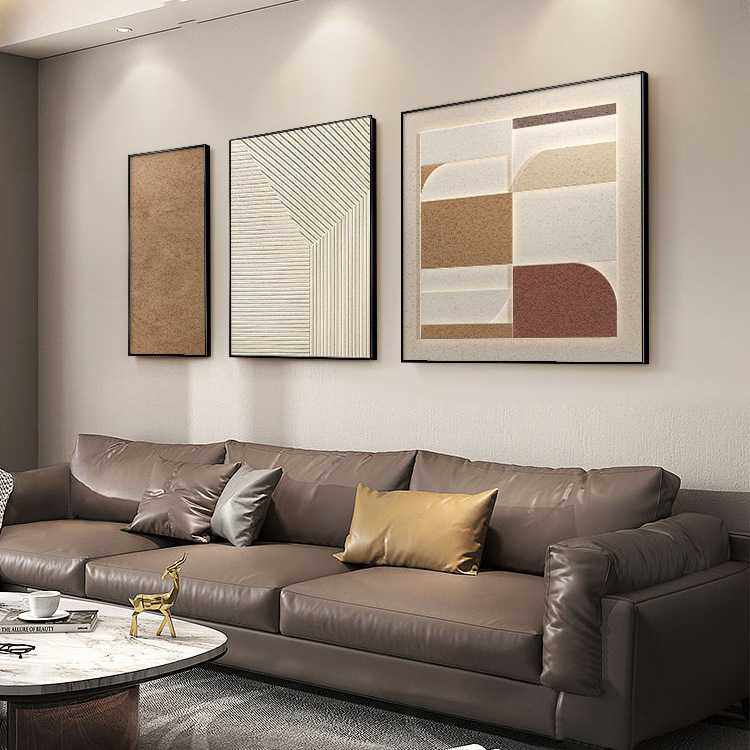 现代简约客厅装饰画侘寂风沙发背景墙挂画抽象极简肌理画三联挂画