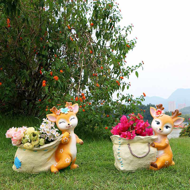 梅花鹿花盆庭院花园装饰卡通摆件树脂园林景观动物花缸雕塑工艺品