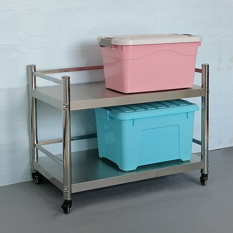 厨房带轮围栏置物架二层不锈钢可移动H杂物架收纳柜可推拉小型推