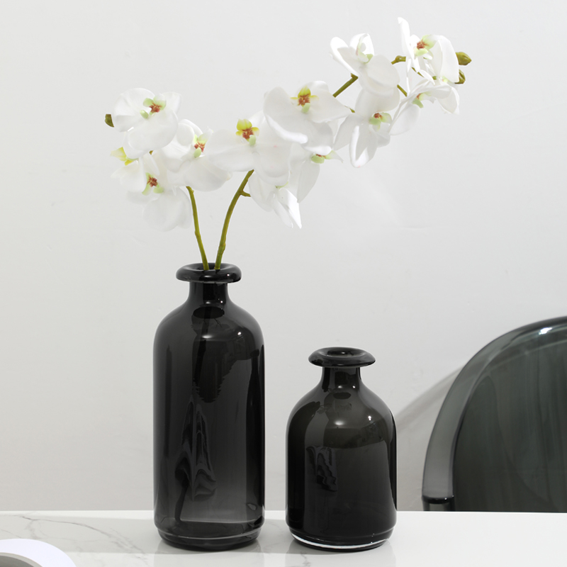 现代简约小口黑色玻璃花瓶摆件客C厅插花桌面北欧式水培鲜花器装