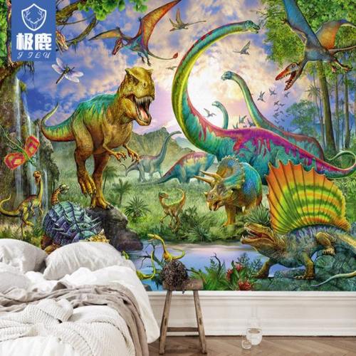 3d动物儿童房男孩女孩墙纸卡通恐龙卧室无缝墙布幼儿园游乐场壁纸