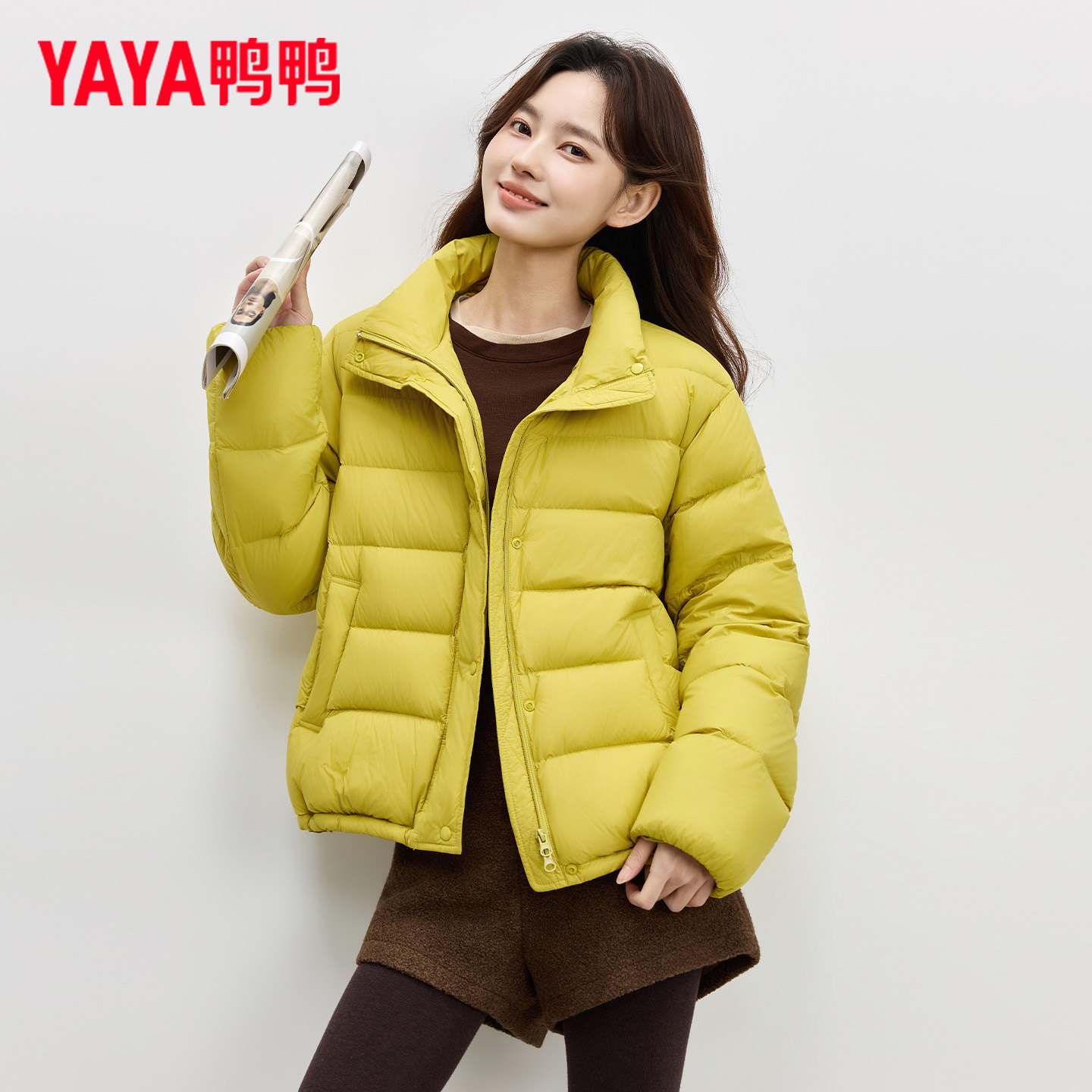YAYA鸭鸭2026冬季新款女羽绒服立领短款亮色简约休闲泡芙面包服