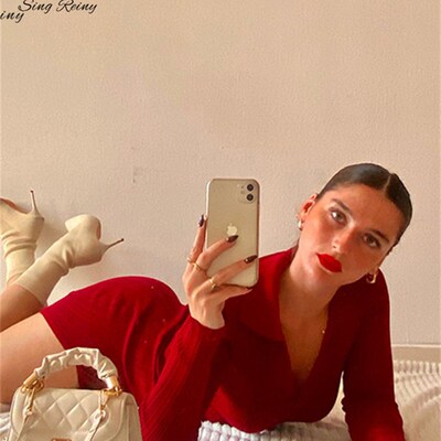 SINGREINY Women Korean Knitted Dress Long Sleeve V Neck Elas