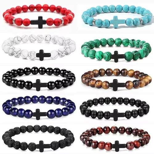 Prayer Men Natural Stone Wood Beads Rosary Hematite Cross