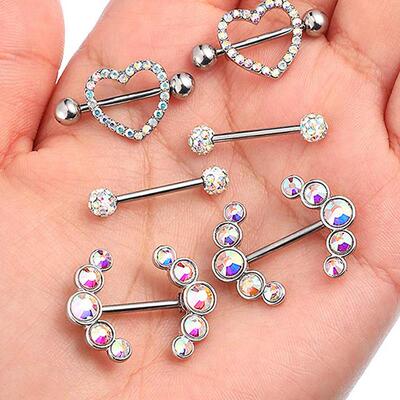 2pcs Titanium Nipple Piercing Heart Barbell 14G Opal Nipple