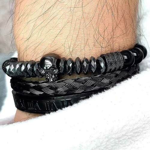 Black Stone Hematite Beads Men Skull Crown Leopard Head