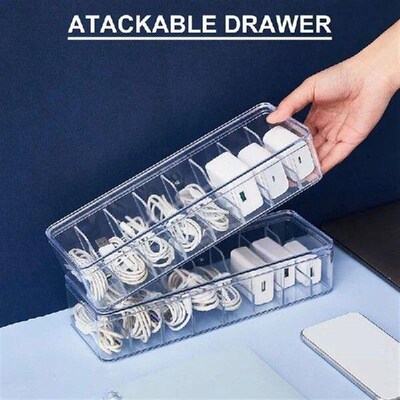2Pcs Cable Storage Box With Wire Ties, Clear Cord Storage