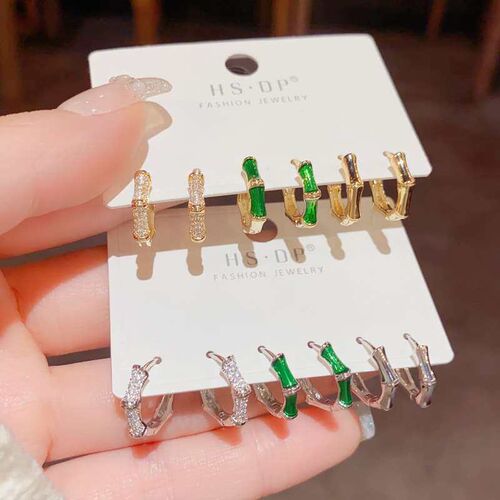 Temperament Zircon Bamboo Ear Buckle Womens Ear Ring All-ma