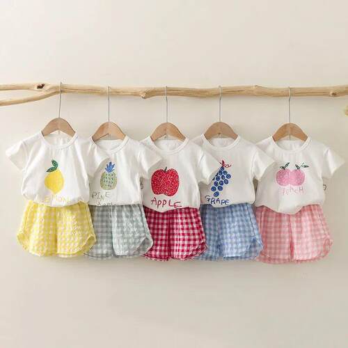 Childrens Sets 2-piece Short-sleeved Round Neck Top+plaid S