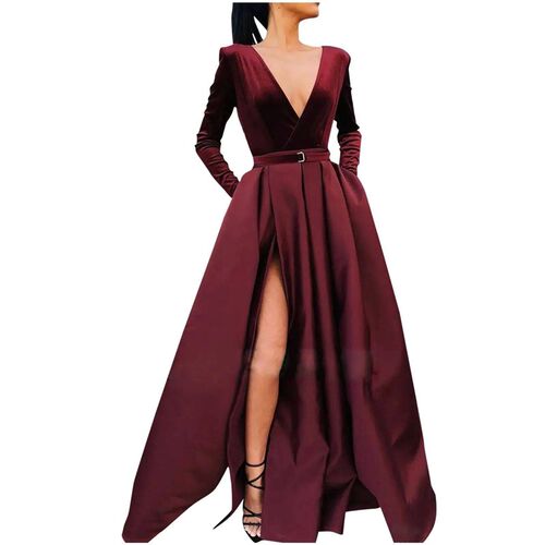 Womens Deep V Autumn Evening Dress Glossy Long Sleeve Waist