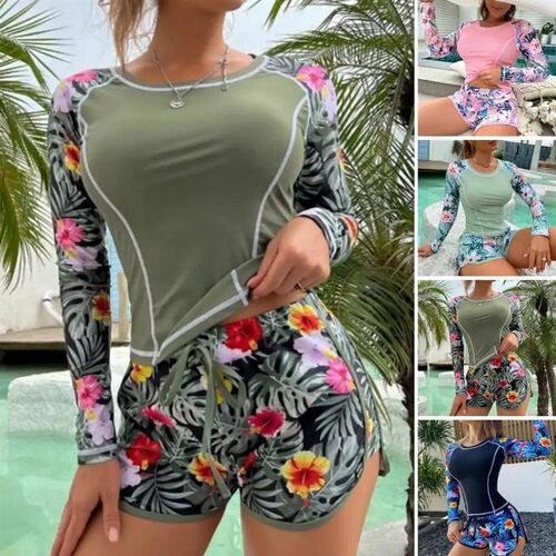 Two-piece Swimsuit Floral Print Long Sleeve Swimsuit Set for