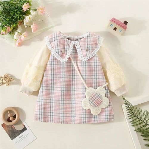 New Winter Baby Girls Dress Bubble Sleeve Lapel Plaid Patter
