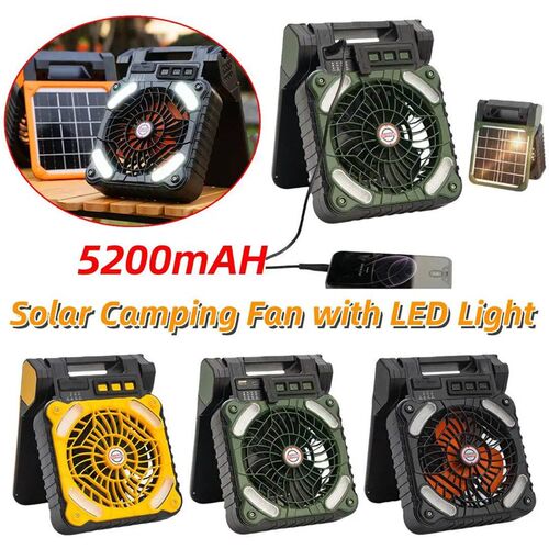 Solar Outdoor Tent Fan with LED Light USB Rechargeable Solar