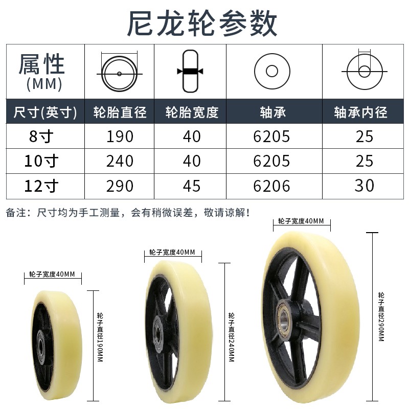 铁芯重型尼龙轮老虎m轮8/10寸12橡胶轮带轴承拖车轱辘脚轮推车轮