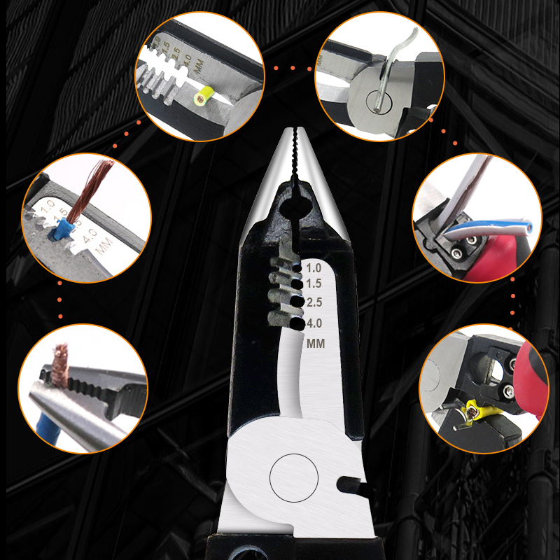 六合一多功能电工钳剥r线钳压线钳尖嘴钳电缆剪线剥扒皮钳子9寸