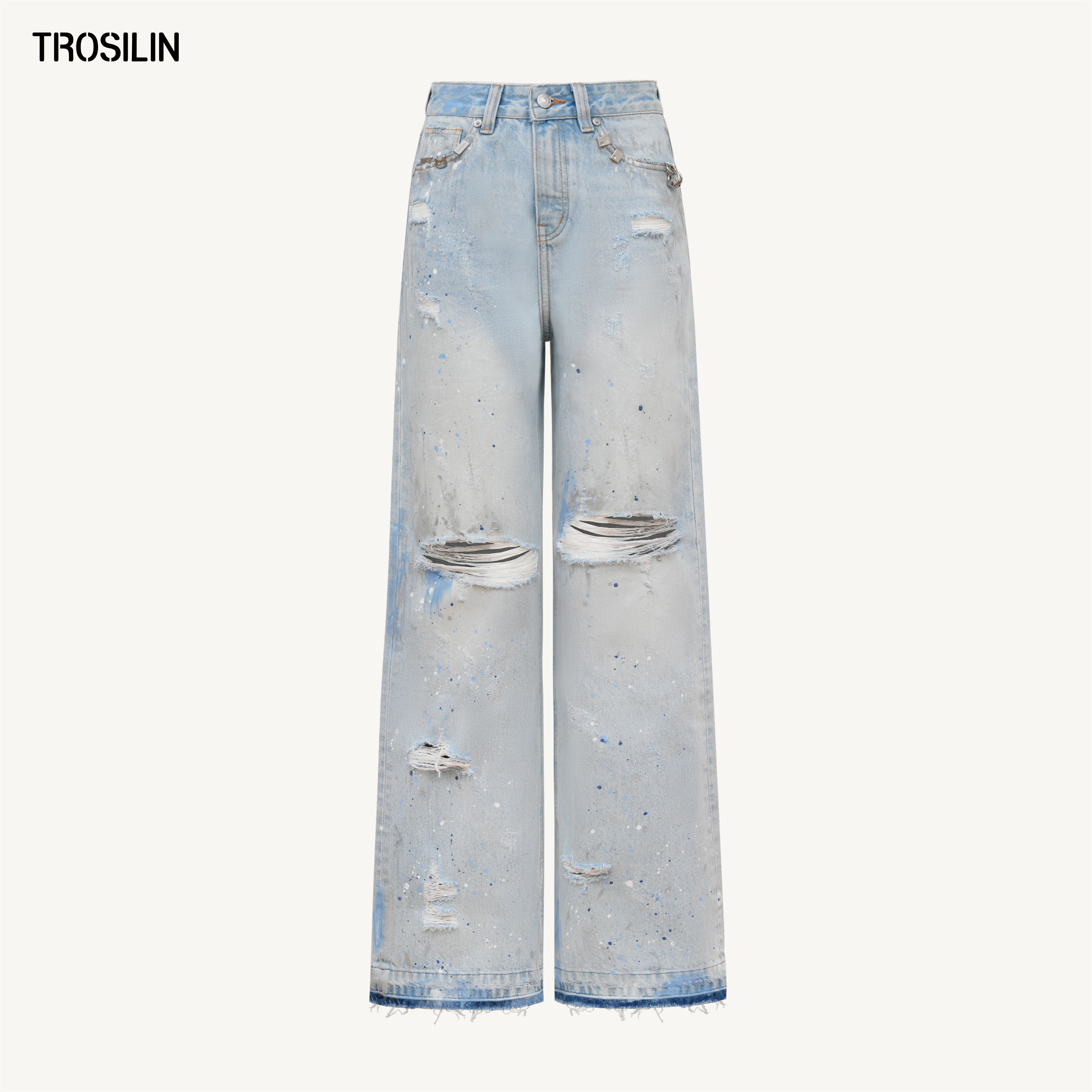 泼墨烫银牛仔裤破洞复古做旧水洗