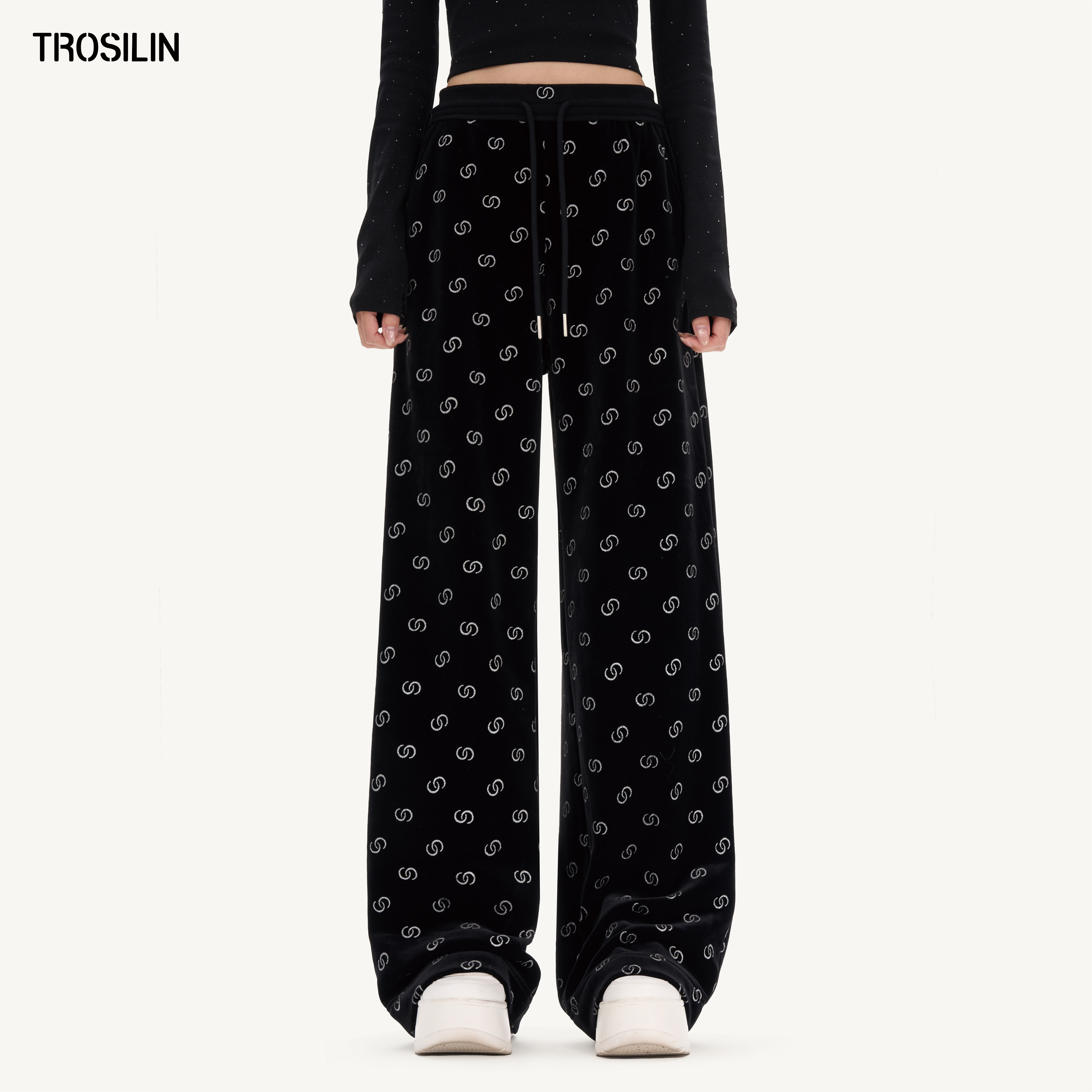 满花logo双面丝绒时尚显瘦长裤