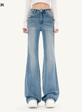 TROSILIN25秋冬 经典满花拼接弹力加厚微喇蓝色牛仔裤A2510JH06BL