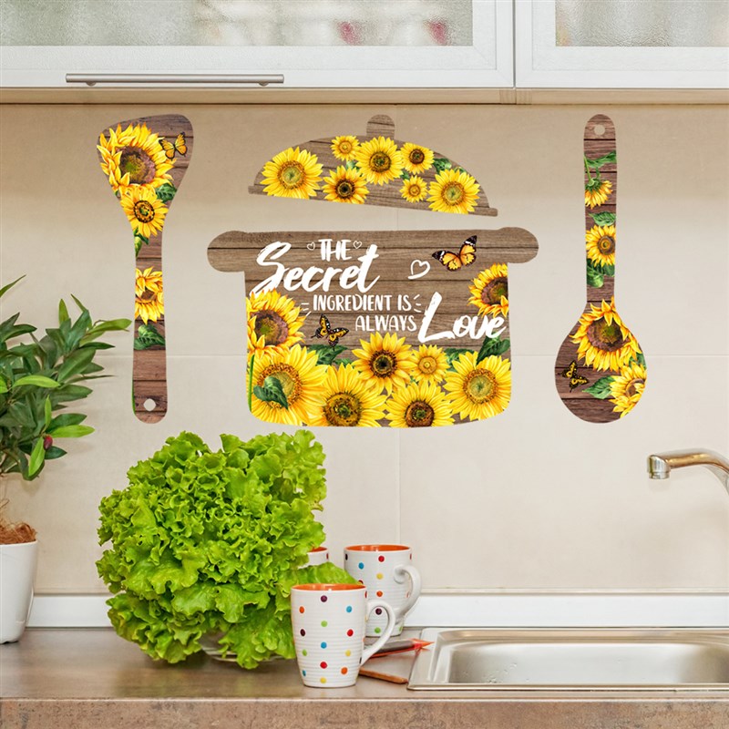 ATW8026-NH简约英文厨具锅和勺子向日葵厨房贴家居装饰墙贴画自粘