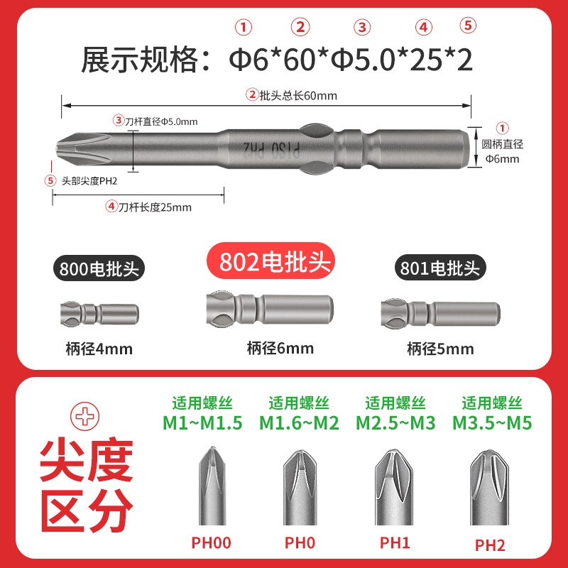 电批头电动螺丝刀头批咀改锥头6C带磁性十字起子电动批头802批嘴