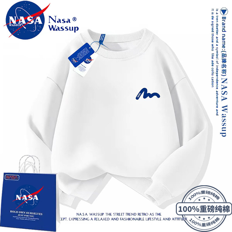 NASA美式潮牌新款秋冬加绒卫衣情侣英文青少年长袖运动服小学定制
