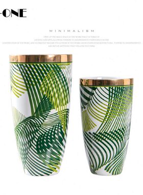 Rzone 现代轻奢陶瓷描墨绿色金边花瓶插花干花器花盆玄关餐桌摆件