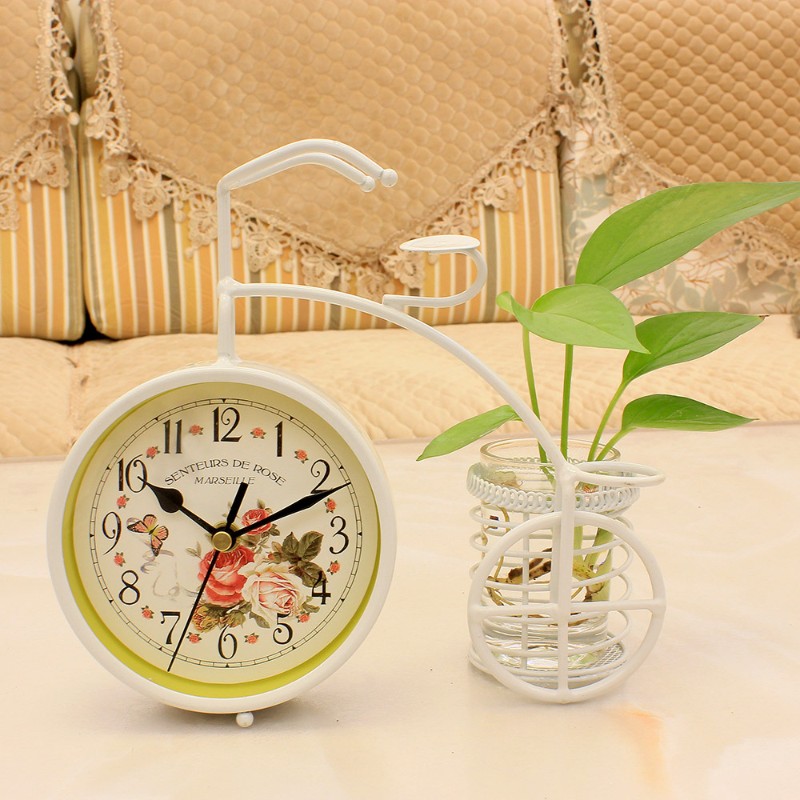 创意家居铁艺自行车座钟田园客厅静音时钟装U饰品摆件笔筒钟