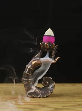 纯铜制品铜摆件佛手莲花倒流香办公室桌面茶台装饰倒流香插铜茶宠