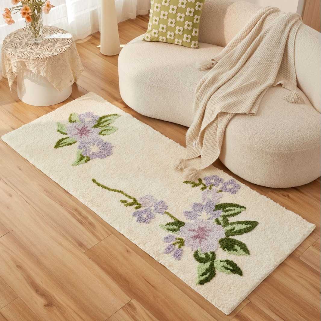 卧室地毯长条中式风格植绒高低毛床边毯家居客厅房间防滑加厚地垫