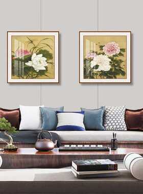 实木斗方中式工笔画荷花牡丹花鸟方形晶瓷画茶室客厅玄关装饰画