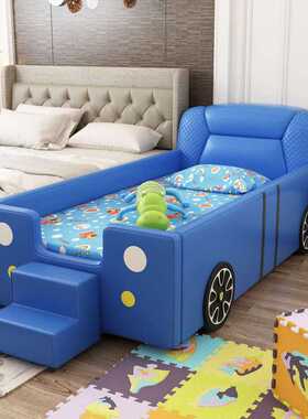 儿童床小汽车男孩单人床1.2m卡通蓝色跑车床带护栏实木拼接加宽床