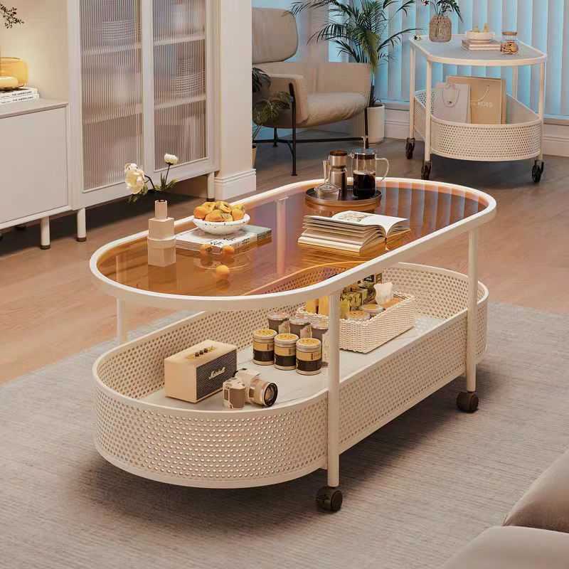 可移动客厅茶几小户型边几奶油风新款沙发边几玻璃小茶几收纳推车