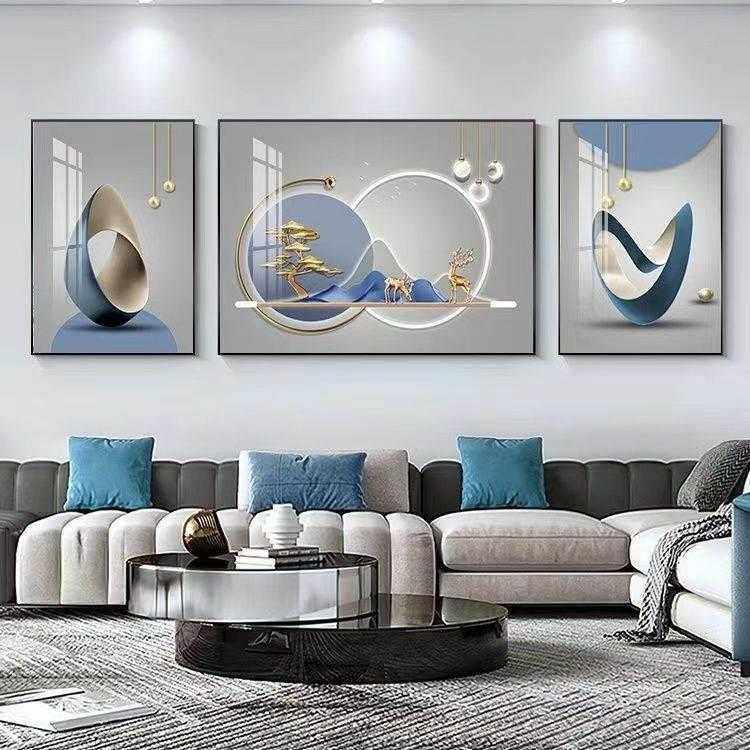 轻奢高档现代装饰福禄几何三联壁画沙发背景墙有带框挂画北欧简约