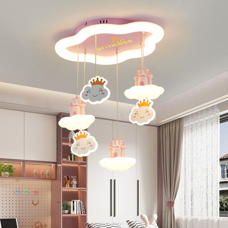 女孩卧室卡通创意儿童房吊灯粉色少女心城堡皇冠餐吊灯