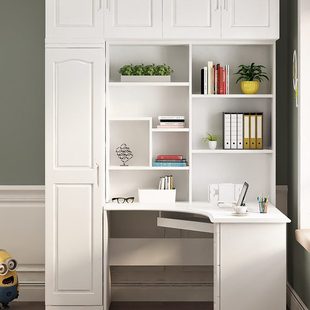实木松木白色转角书桌衣柜一体组合拐弯书架加顶柜儿童写字桌新款
