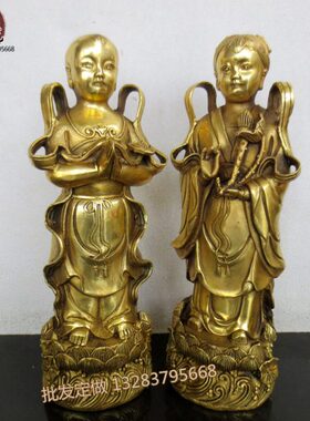 精工纯铜童男童女招财童子一套善财童子铜站像摆件 金童玉女