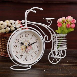 欧式静音台钟卧室客厅创意钟表摆件田园铁艺台式钟座钟时钟双面钟