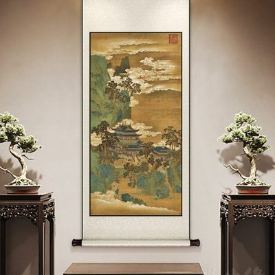 仙山楼阁图复古中式卷轴挂画竖版玄关装饰画客厅餐厅书房过道壁画