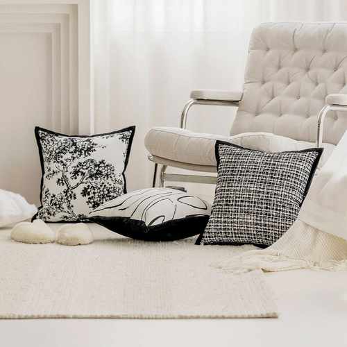 态生活轻奢中古风法式黑白抱枕客厅软装高级感重工枕套羽丝绒靠垫