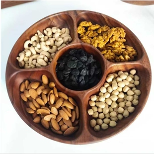 胡桃木五格圆形茶点盘客厅过年花生瓜子盘酒店用品水果盘茶具