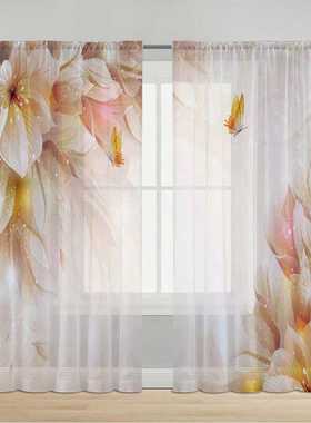 2pcs橙色优雅花卉微透AB片纱帘卧室浴室窗户装饰