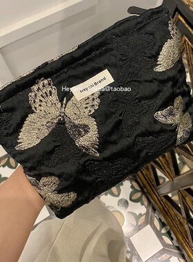 YONI黑色金丝蝴蝶化妆女大容量复古洗漱随身化妆品收纳袋