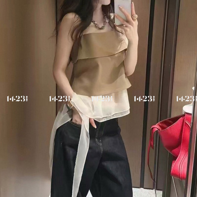 1423【温婉佳人】韩系轻熟撞色双层罩衫 方领细肩带显瘦吊带上衣 