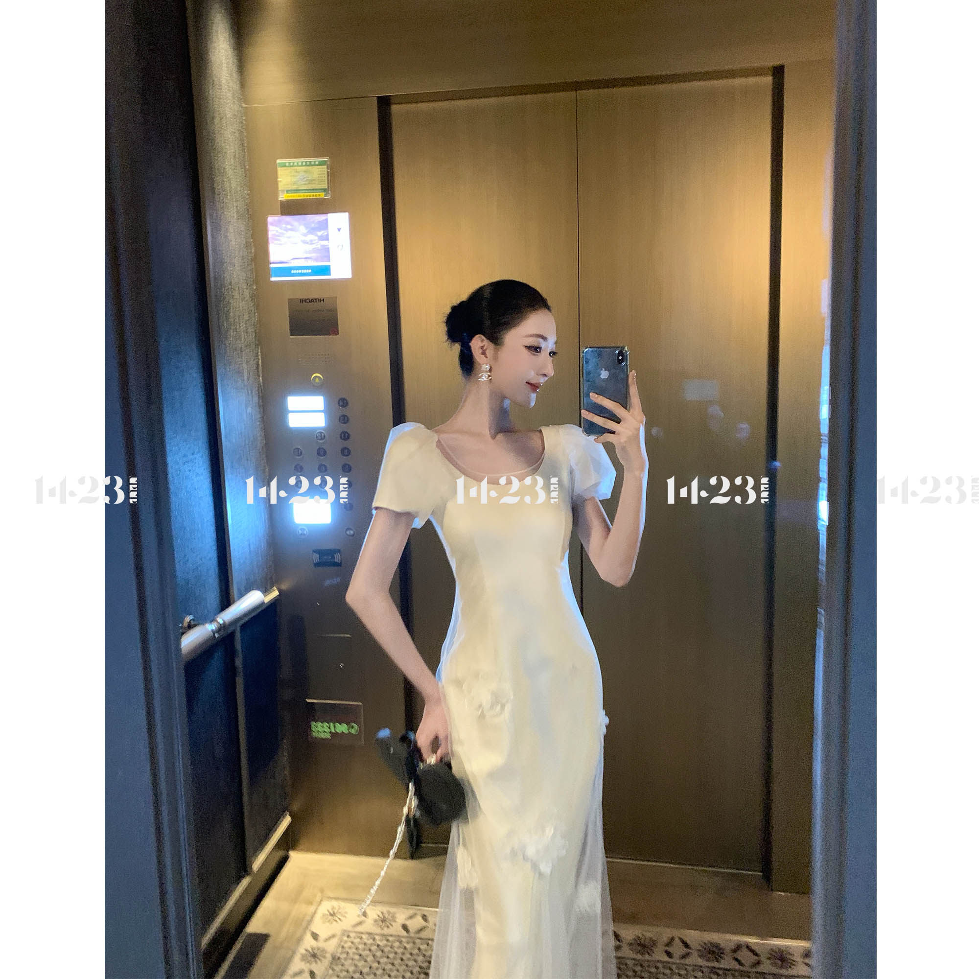 1423【白纱叙梦】连衣裙气质高级缎面网纱罩裙立体修身收腰鱼尾裙