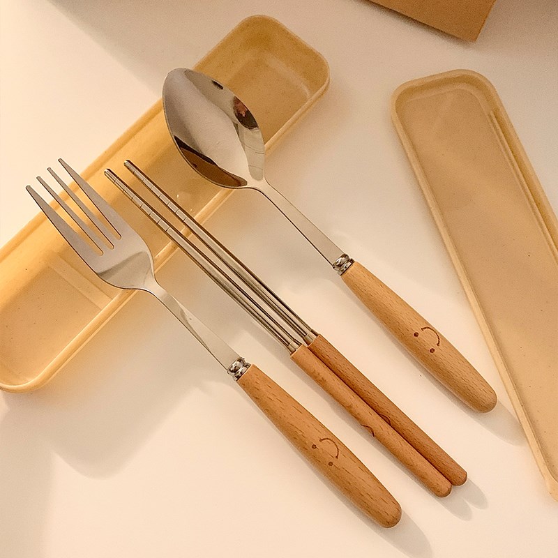 可爱笑脸筷子勺子叉子餐具套装木柄不锈钢三件套学生成人便携一人